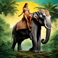 An-indian-elephant-on-the-top-riding-two-human-with-less-clothes-in-the-background-a-jungle-in-fan