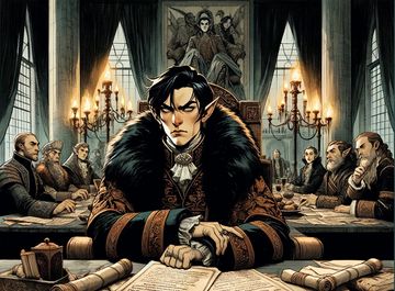 DALL·E 2024-02-18 19.40.27 - A male elf prince, with black hair and a sceptical expression, sits at the head of a grand table in a pompous hall. He is dressed in fine clothes, fea.jpg
