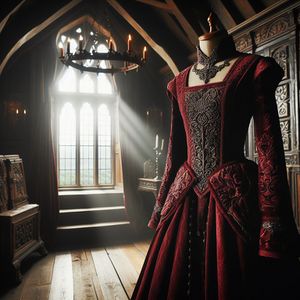 Very valuable clothes in the style of medieval in dark red colour weared by a woman standing in a chamber of a fortrest with lot of light coming in and a window to the sky.jpg